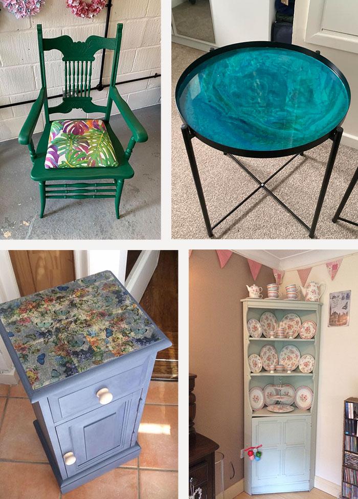 range of upcycled furniture, chairs, tables and cabinets